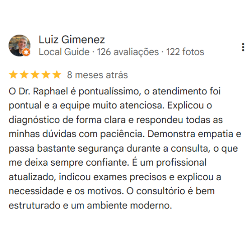 Depoimento Google do consultório do Dr. Raphael Pedroso