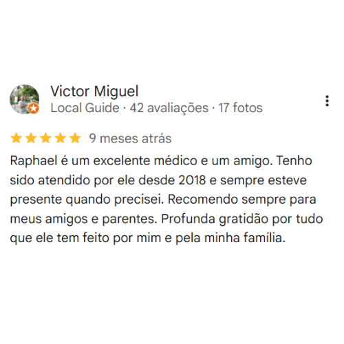 Depoimento Google do consultório do Dr. Raphael Pedroso