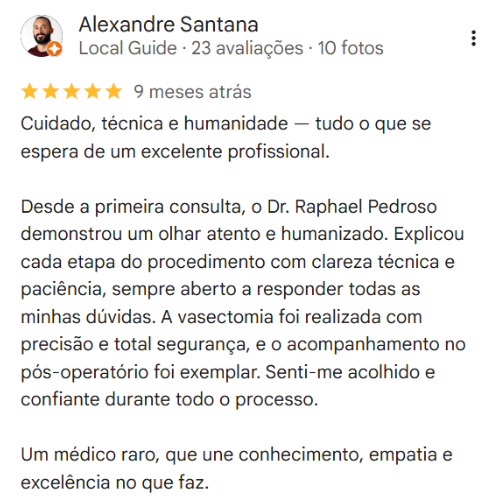 Depoimento Google do consultório do Dr. Raphael Pedroso